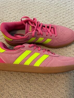 adidas pink and yellow suede sneakers